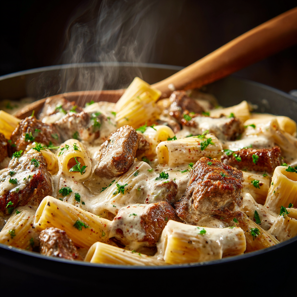 You are currently viewing Spicy Cajun Steak Pasta in Creamy Parmesan Rigatoni Sauce – Easy One-Skillet Meal