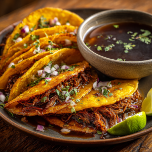 Read more about the article Birria Tacos with Rich Consommé – Crispy, Juicy & Full of Flavor